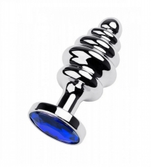 Серебряная ребристая анальная пробка с синим кристаллом (Medium)